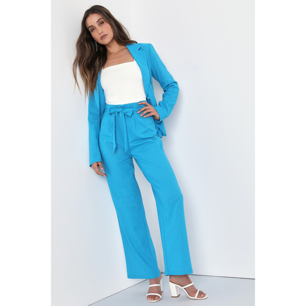 Lulus Modish Moment Turquoise Blue Linen High-waisted Trousers - Size S